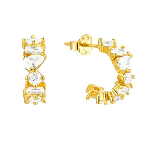 Brandlinger ® Ohrringe Silber 925. Creolen mit Stein weiß. Schmuck Damen vergoldet mit 18 Karat Gold für Frauen und Mädchen. Äußerer Durchmesser 16mm.