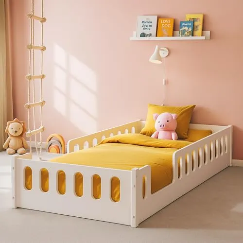 MEBLE WRÓBEL Bodenbett 80x160 cm - Montessori Kinderbett mit Rausfallschutz - Kompaktes Kinderbett in Weiß, ideal für kleine Räume. Mit abnehmbarem Rausfallschutz und stabiler Konstruktion für sicheren Schlaf. Hergestellt aus nachhaltigen Materialien für ein kindgerechtes Design.