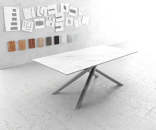 DELIFE Esstisch Edge 200x100cm Keramik Laminam®Statuarietto Weiß Kreuzgestell Rechteck Edelstahl