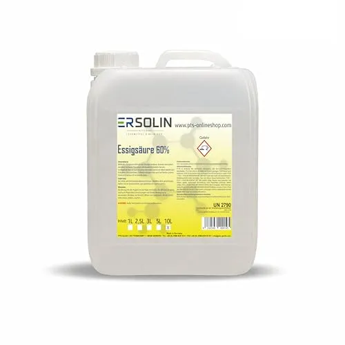 ERSOLIN Essigsäure 60% 10 L - Hochwirksamer Entkalker - ERSOLIN Essigsäure 60% eignet sich hervorragend zum Entkalken und Reinigen im Haushalt. Die ergiebige Flüssigkeit ist vielseitig einsetzbar und sorgt für strahlende Sauberkeit.