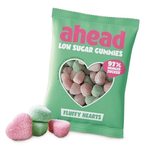 ahead Fluffy Hearts Gummibärchen | Fruchtgummi Herzen 18 × 50g | Gummibärchen ohne Zuckerzusatz | Nur 1g Zucker & 73 kcal pro 50g | Kalorienarme Süßigkeiten & ballaststoffreich