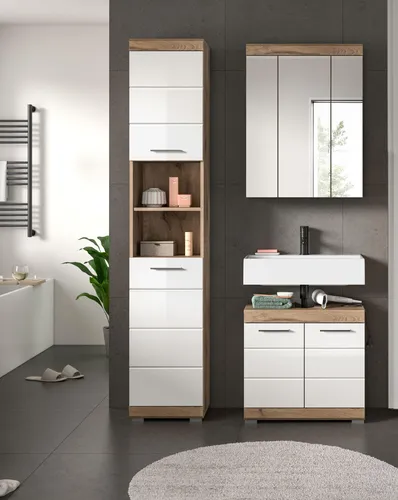 Badezimmer Wave 3-tlg. Eiche/Weiß - Badmöbel-Set in eleganter Eiche/Weiß, ideal für stilvolle Badezimmer mit optimaler Stauraumnutzung.