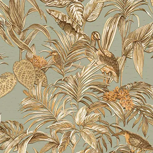 Design ID DE120017 Paradiesvogel Aqua & Gold Vliestapete - Tapeten - Hochwertige Vliestapete mit einzigartigem Glanz, hoch waschbeständig und einfach anzubringen für ein stilvolles Wohnambiente.