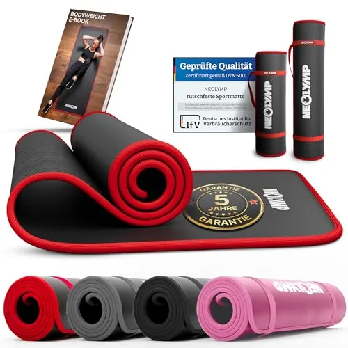 NEOLYMP extra Dicke und rutschfeste Fitnessmatte - Pilatesmatte, Yoga Matte, Gymnastikmatte mit E-Book und Tragegurt, ideal für gelenkschonendes Training zu Hause oder im Freien