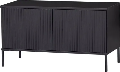 TV Board Gravure aus Kiefernholz 100 cm, Schwarz - TV-Halterungen mit stilvollem Design und praktischen Fächern für Ordnung und Sicherheit Ihrer Multimedia-Geräte.
