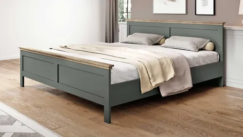 Doppelbett Evora Bettgestell Eiche Dekor grün 180x200 cm - Hochwertiger Bettrahmen im Landhausstil, melaminbeschichtet für einfache Pflege. Ideal für Erwachsene, Maße: ca. 211x191 cm, Höhe: 88,5 cm. Lieferung per Spedition mit 2-Mann Handling.