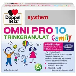 Doppelherz Omni Pro 10 Family System Trinkgranulat - Leckeres Trinkgranulat mit Vanillegeschmack, ideal für die ganze Familie. Enthält eine ausgewogene Mischung aus Bakterienstämmen und Vitaminen zur Unterstützung des Wohlbefindens.