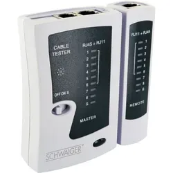 Schwaiger Netzwerkkabeltester für ISDN- und Netzwerkverbindungen - Prüfen Sie die Funktionsfähigkeit von Netzwerk- und ISDN-Kabeln schnell und zuverlässig. Mit LED-Anzeige für fehlerfreie Verbindungen und automatischem Prüfablauf.