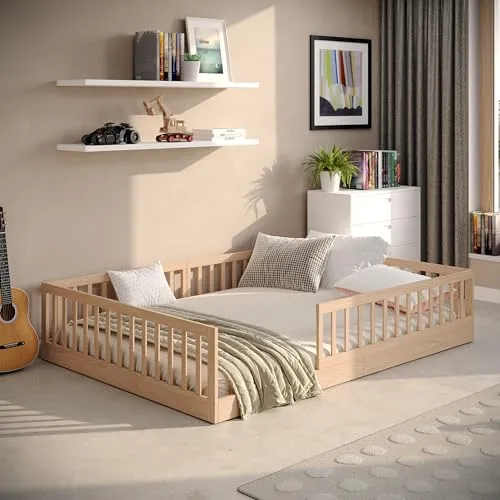 CADANI Timi Kinderbett - Montessori Bodenbett mit abnehmbarem Rausfallschutz - Skandinavisches Bett aus massivem Kiefernholz, belastbar bis 200 kg, ideal für sichere Nächte und vielseitige Nutzung im Kinderzimmer.