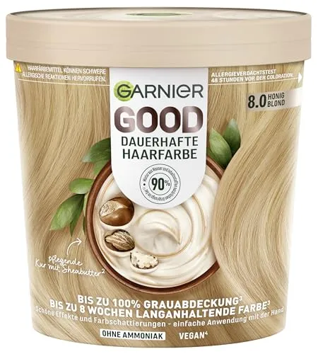 GARNIER Coloration Garnier GOOD - Dauerhafte Haarfarbe mit pflegender Formel - Haarfarben: Bis zu 8 Wochen langanhaltende, vegane Farbe mit 90% natürlichen Inhaltsstoffen, die graue Haare 100% abdeckt und für einen natürlichen Glanz sorgt.