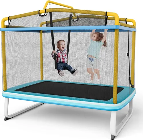 COSTWAY 3 in 1 Kindertrampolin - Trampolin mit abnehmbarer Schaukel und Reckstange, perfekt für kleine Hinterhöfe, sicher und wetterbeständig - für endlosen Spaß im Freien!