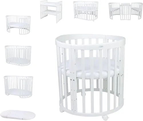 Waldin Babybett OWAL 7in1 aus Holz - Vielseitiges Babybett mit Matratze, mitwachsend und ideal ab Geburt. Aus robustem Buchenholz, inklusive belüftetem Lattenrost und einfacher Selbstmontage.