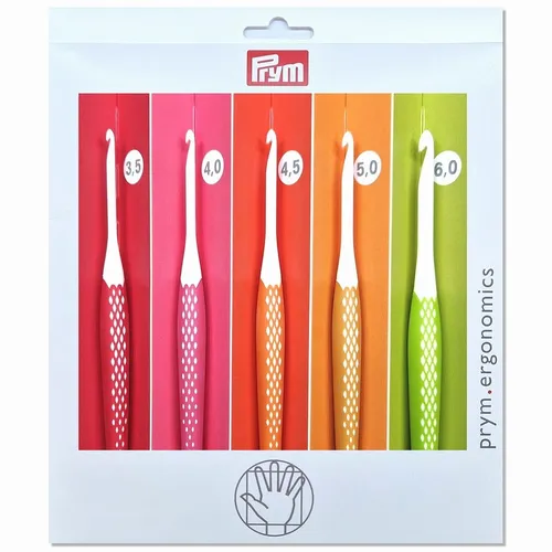 Prym 218440 Wollhäkelnadel Set prym.ergonomics - Häkelnadeln Set mit 5 verschiedenen Stärken (3,5 mm - 6 mm), ergonomischer Griff für ermüdungsfreies Häkeln und optimierter Haken für leichtes Gleiten der Maschen.