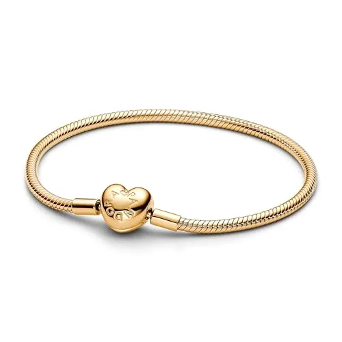 PANDORA Moments Schlangen-Gliederarmband mit Herz-Verschluss - Armbänder für Damen, glänzendes Update in Vergoldung mit herzförmigem Verschluss, kompatibel mit bis zu 18 Charms für einen individuellen Look.