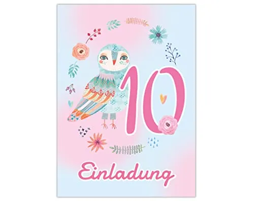 Junapack 12 Einladungskarten zum 10. Kindergeburtstag Einladung zum zehnten Geburtstag Mädchen Eule