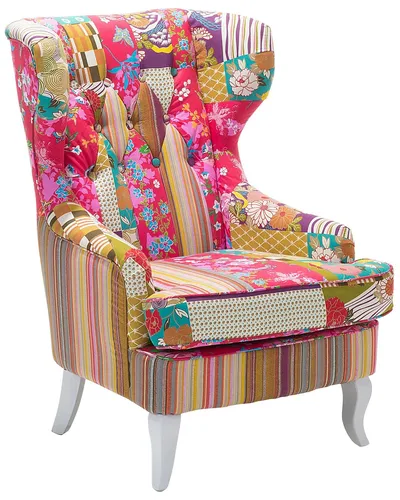 Ohrensessel MOLDE Stoff Fuchsia - Boho Design - Gemütlicher Sessel im Boho-Stil mit buntem Patchwork-Muster und eleganten weißen Kiefernholz-Beinen. Ideal für entspannte Abende, bietet er ausgezeichneten Komfort und ist besonders pflegeleicht.