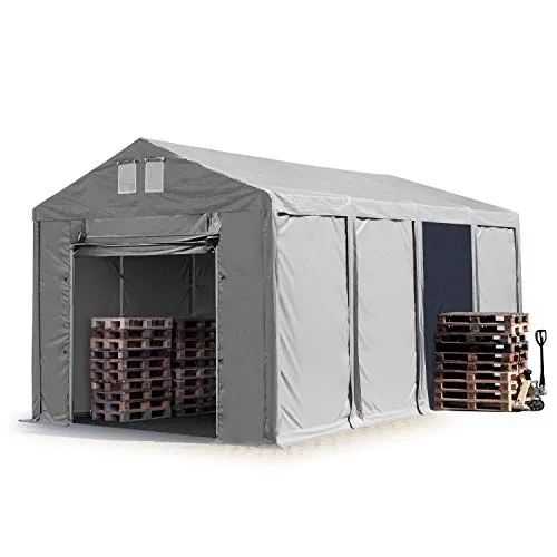 TOOLPORT 4x8 m Lagerzelt mit Bodenrahmen, grau - Robustes 4x8 m Lagerzelt aus wetterfester PVC-Plane mit Bodenrahmen. Ideal für die sichere Lagerung von Materialien und Fahrzeugen. Schnelle Montage, erweiterbar und flexibel einsetzbar.