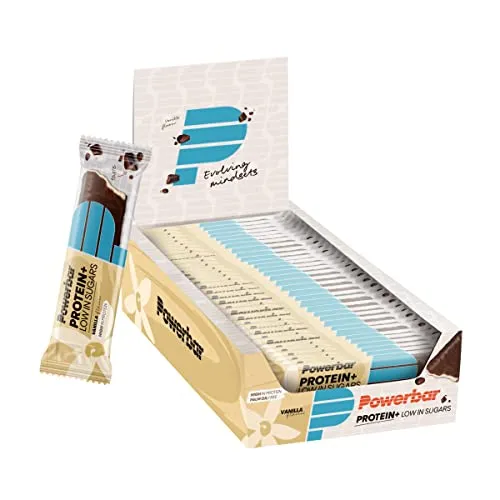 PowerBar Protein Plus Low Sugar Riegel, 16 x 35 g - Vanilla - Protein Riegel mit niedrigem Zuckergehalt, ideal für Muskelaufbau und gesunde Snacks unterwegs.