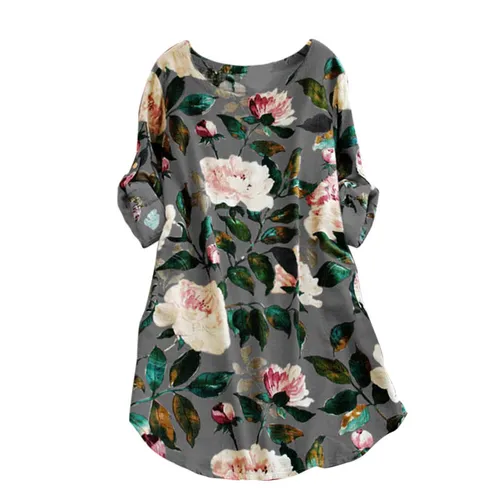 Frauen Blumendruck Minikleid Sommer  langes Hemd Kleid Baumwolle Leine3410