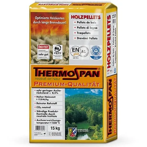 Ziegler Thermospan Holzpellets 15 kg - Brennstoffe: Umweltschonende Holzpellets aus Ahorn, ideal für effiziente Heizlösungen und nachhaltige Energiegewinnung.
