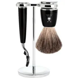 MÜHLE RYTMO Rasierset mit 3-Klingen-Rasierer - Rasurpflege Set mit edlem Edelharz, bestehend aus Dachshaar-Rasierpinsel, Gillette Mach3 Rasierer und verchromtem Ständer für eine stilvolle Nassrasur.