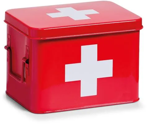 Zeller Medizin-Box aus Metall, rot - Medizinischer Bedarf: Praktische und stylische Medizinbox aus pulverbeschichtetem Metall mit 4 Fächern und entnehmbarem Metalleinsatz für schnellen Zugriff.