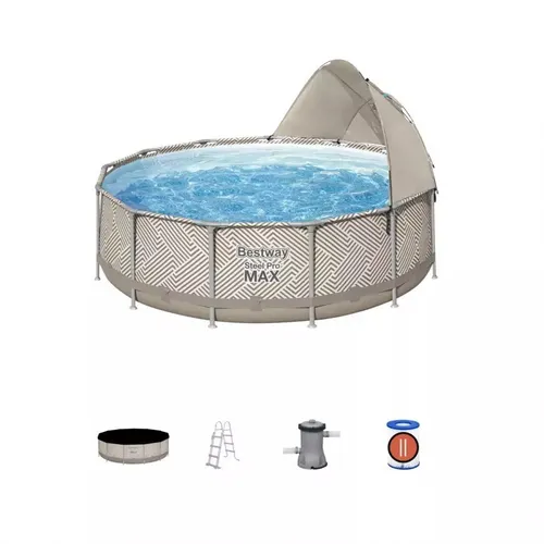 Bestway Power Steel Pool mit Filterpumpe und Überdachung - Stahlrahmenbecken: Ø 396 x 107 cm, 11.133 l, robustes DuraPlus™-Material, abnehmbares Sonnenschutzdach, einfacher Werkzeugloser Aufbau für maximalen Badespaß!