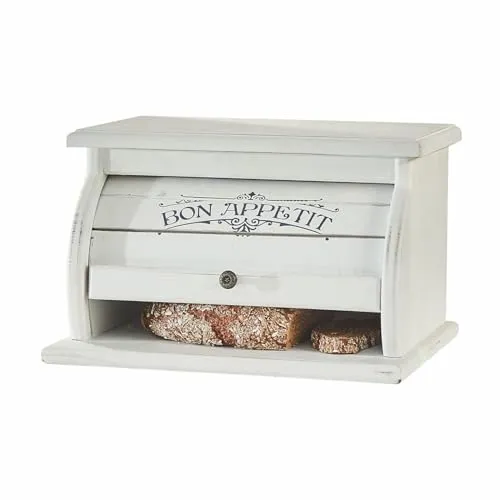 LOBERON Brotbox Bon Appetit, Rolldeckel im Lamellen-Look, nostalgische Beschriftung, Küchen-Accessoire, Küchenutensilien, Brotkasten, Tannenholz, antikweiß
