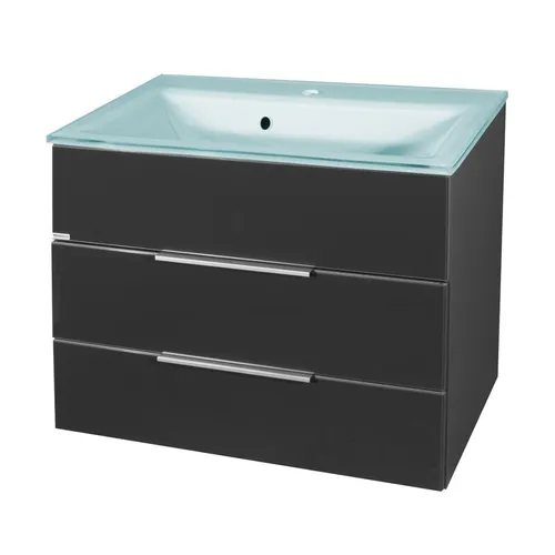FACKELMANN KARA Badmöbel Set 80cm - Badmöbelset für Erwachsene, modernes Design mit 2 Schubladen, inklusive Glas Waschbecken und Unterschrank, ideal für stilvolle Badezimmer.