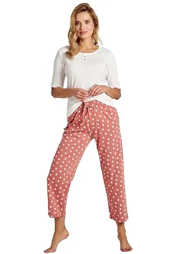 Mademoiselle Sommeil Damen Pyjama Schlafanzug | 100% Baumwolle | Weiß & Rot mit Pinken Punkten | Komfortabler Rundhalsausschnitt | Kurzarm & 7/8 Hose