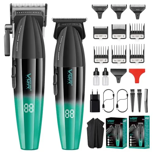 VGR Professioneller Haarschneider Set für Herren Barber Kit Haarschneidemaschine Haartrimme Pflegeset 9000 U/min Zero Gap T-Klinge Trimmer Kabelloses Haarschneide-Set mit 9 Führungskämmen