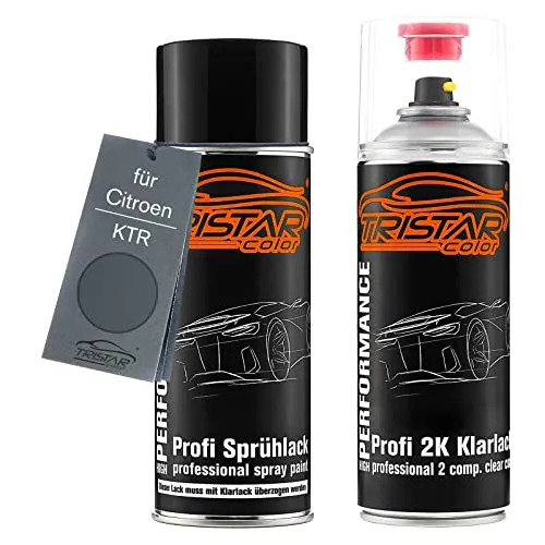 TRISTARcolor Autolack 2K Spraydosen Set für Citroen KTR Gris Pilbara Nacre Metallic/Pilbaragrau Metallic Basislack 2 Komponenten Klarlack Sprühdose