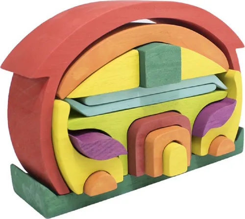 Bauhaus Bauklötze Holzhaus: Runddach Rotes Haus - Holzspielzeug für Kinder ab 1 Jahr, fördert Motorik und Kreativität mit 18 handgefertigten Teilen aus natürlichem Holz und leuchtenden Farben.
