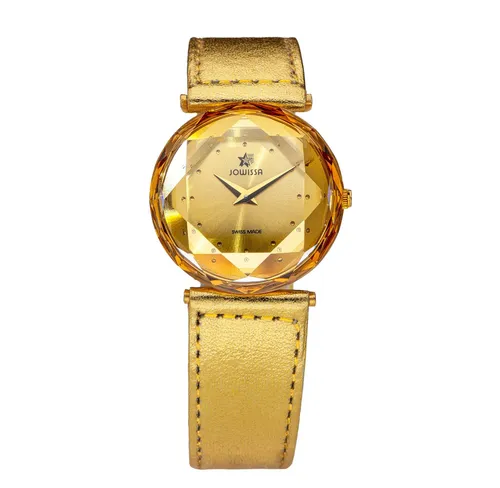 JOWISSA Schweizer Uhr Cubic - Elegante Schweizer Uhr mit goldfarbenem Edelstahlgehäuse und spritzwassergeschütztem Design – perfekter Begleiter für stilbewusste Frauen.