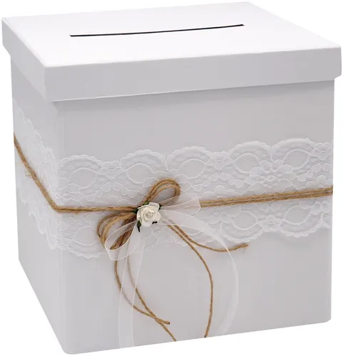 ZauberDeko Geschenkbox MIRA - Vintage Hochzeit Briefbox mit Spitze - Aufbewahrungsbox für Hochzeitskarten, stilvolles Design mit Spitze, perfekt für eine unvergessliche Hochzeit in Weiß.