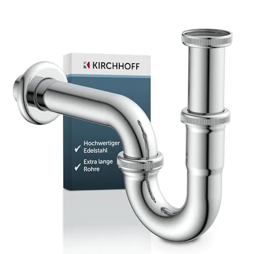 KIRCHHOFF Siphon Waschbecken PLUS, Siphon mit extra langem Abflussrohr und Tauchrohr, Universal Syphon mit Standardanschlussmaßen 1 1/4" und 32mm, 98801120