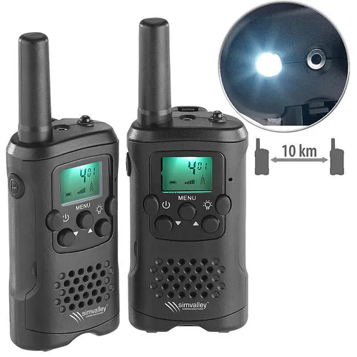 simvalley Communications Walkie Talkie 2er-Set - PMR-Funkgeräte mit bis zu 10 km Reichweite und VOX-Funktion für freihändiges Sprechen. Ideal für Outdoor-Aktivitäten, Veranstaltungen und als Babyphone. Inklusive praktischer LED-Taschenlampe.
