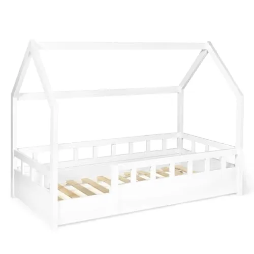 IDMarket Kinderbett Baumhaus NEREE 80 x 160 cm in Weiß - Das charmante Hüttenbett NEREE 80 x 160 cm begeistert Kinder und Eltern. Mit Lattenrost und Gitter bietet es Sicherheit und Komfort für süße Träume! Perfekt für jedes Kinderzimmer.