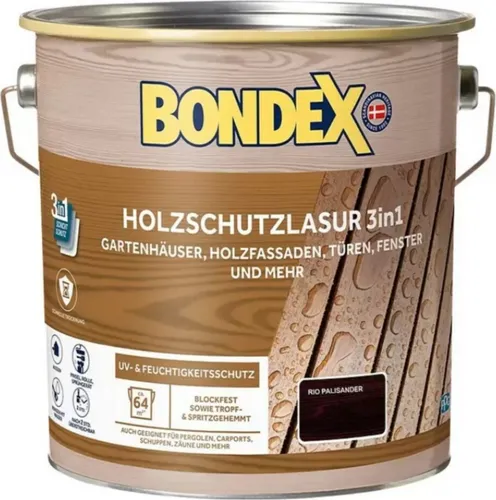 Bondex Holzschutzlasur 3in1 außen, 4L - Seidenmatt, UV- & Feuchtigkeitsschutz in Rio-Palisander - Farben & Lacke - Innovative 3in1 Holzschutzlasur für außen, schützt effektiv gegen UV-Schäden und Witterungseinflüsse, ideal für Gartenhäuser und Holzfassaden.
