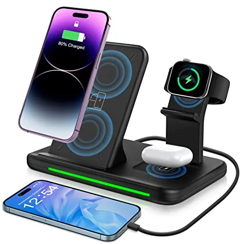 ZOVHYYA 4 in 1 kabelloses Ladegerät, 15 W, Induktion, Schnellladegerät mit 18 W, QC 3.0-Adapter, für Apple Phone 14/13/12/11/pro/Xs/XR i Watch Serie E/6w/5, Kopfhörer 3/2/1/Pro