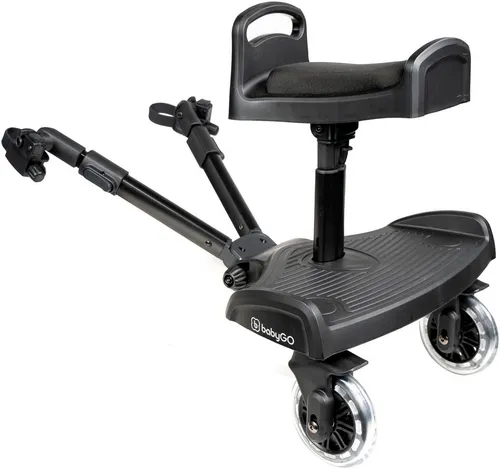 BabyGo Buggyboard WeGO mit Sitz schwarz - Kiddy Board mit praktischen Sitz, ideal für längere Ausflüge mit Kleinkindern, sicher und bequem bei jedem Wetter.