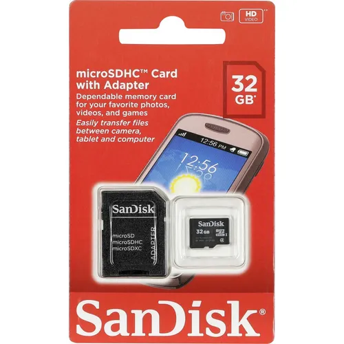 SanDisk microSDHC 32GB Class 4 mit SD Adapter - Speicherkarten, ideal für Smartphones und Tablets, bietet 32 GB Speicherplatz und zuverlässige Class 4 Geschwindigkeit für flüssige Datenübertragungen.