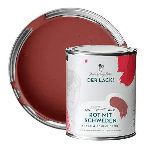 MissPompadour seidenmatte Holzfarbe Innen & Außen 1L Rot mit Schweden, Möbelfarbe ohne Schleifen - Farbe für Holz, Metall, Kunststoff - Holzlack, Möbellack schnelltrocknend mit hoher Deckkraft