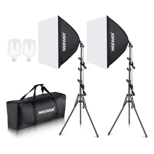 NEEWER Softbox Beleuchtungsset, äquivalent zu 700W, 2er Pack 5700K LEDGlühbirnen, 24 x 24Zoll Softboxen mit E27 Fassung, Fotografie Dauerlichtset, Fotostudio Ausrüstung