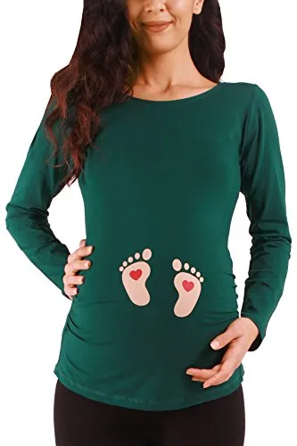 M.M.C. Fußabdrücke Baby mit Herz - Süße Umstandsmode Motiv Umstandsshirt Sweatshirt Schwangerschaftsshirt für die Schwangerschaft, Langarm (Dunkelgrün, Small)