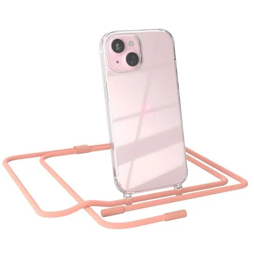EAZY CASE - Handykette kompatibel mit iPhone 15 - dünne Handyhülle für iPhone 15 Hülle mit Band als Fallschutz Kette zum Umhängen transparente Hülle Silikon in Korall