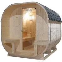 Saunacube Außensauna Saunafass - Gartensauna mit 8kW Saunaofen aus Fichtenholz - Outdoor Sauna für 4 Personen, inklusive Saunazubehör und gemütlichem Sitzplatz. Ideal für entspannende Wellnessmomente im Garten.