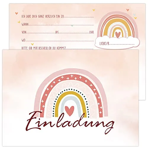 COLOFALLA 12 Stück Einladungskarten Kindergeburtstag Einschulung Boho Regenbogen Party Taufe Einladung Karten zur Geburtstag für Mädchen Junge Jugendliche Geburtstagseinladungen (Rosa)