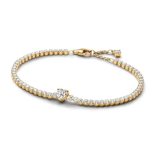 PANDORA Timeless Funkelndes Herz Tennisarmband - Armbänder für Damen, elegantes Sterling-Silber-Armband mit 14 Karat vergoldeter Legierung und 58 funkelnden Zirkonia für einen romantischen Look.