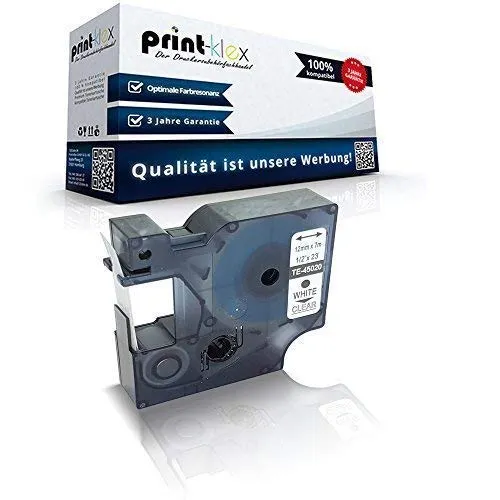 Print-Klex Schriftband kompatibel für Dymo D1 45020 Labelmanager 200 Labelmanager 210 D Labelmanager 220 P Labelmanager 260 P S0720600 12mmx7m Weiss auf Transparent - Office Print Serie